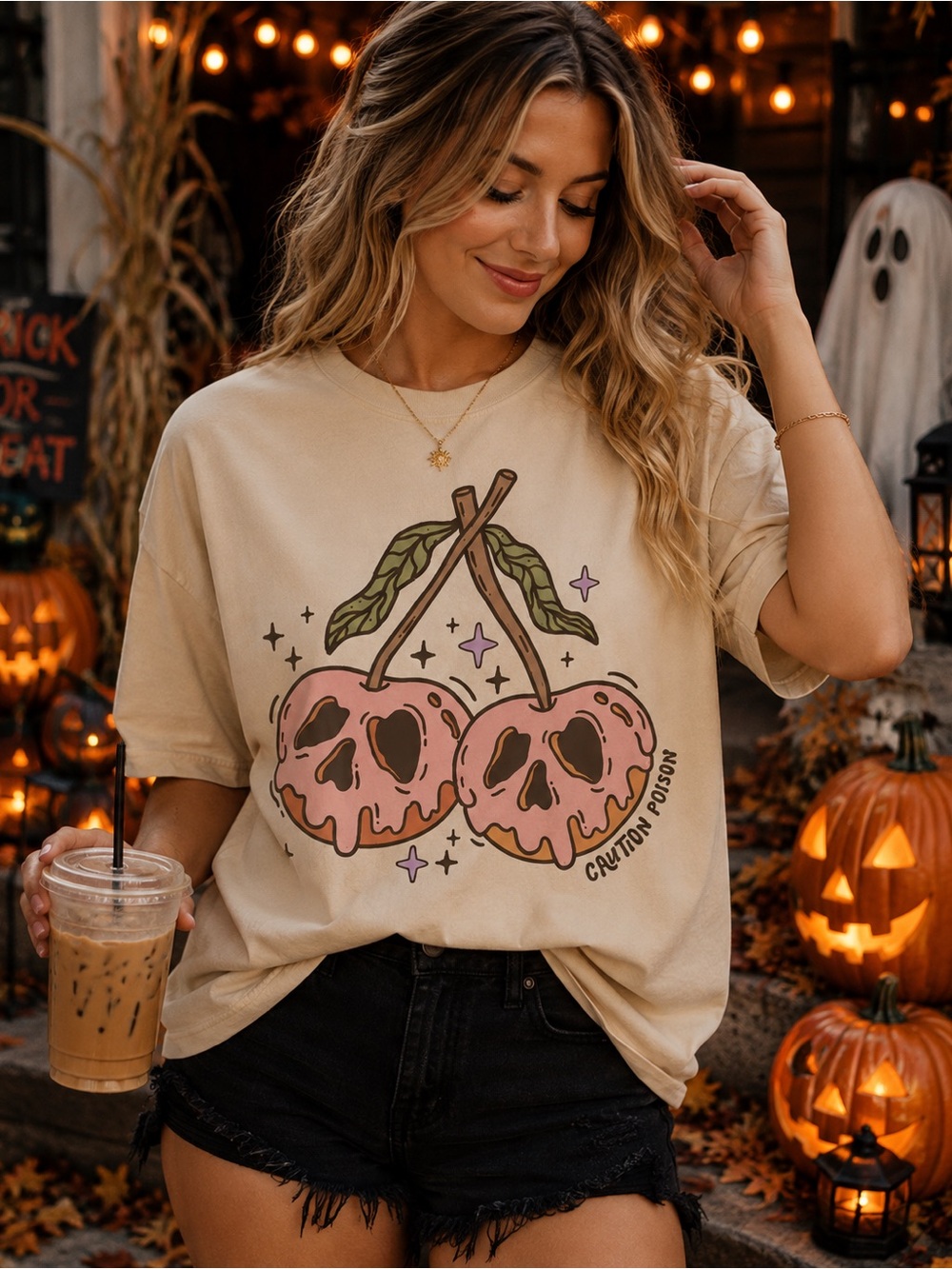 Graphic Halloween Cherry Skull Tee - Beige Pink